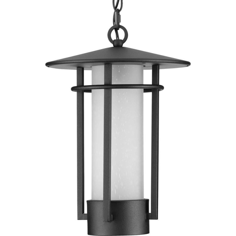 Exton Collection One-Light Textured Black and Etched Seeded Glass Modern Style Outdoor Hanging Penda