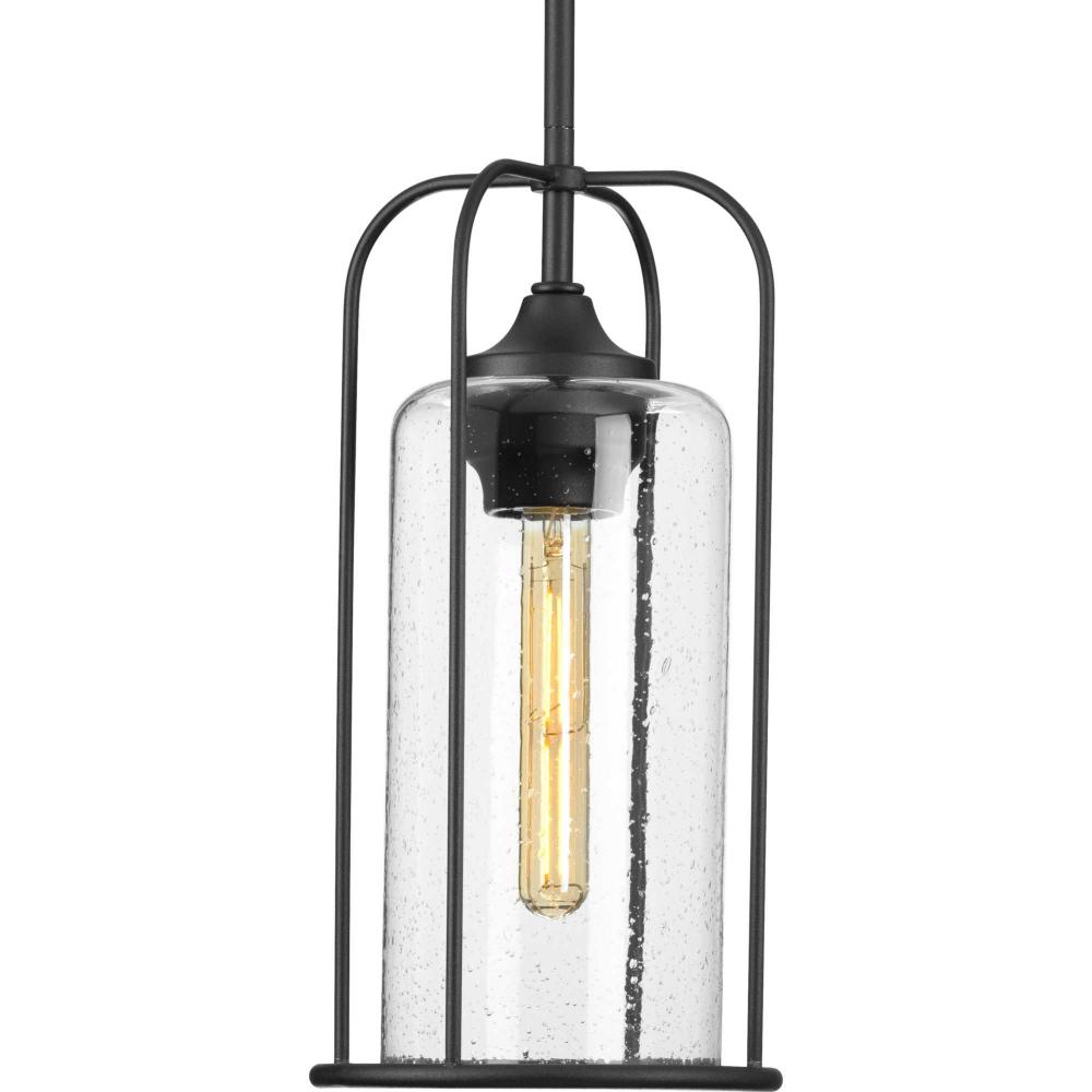 Watch Hill Collection One-Light Textured Black and Clear Seeded Glass Farmhouse Style Outdoor Hangin